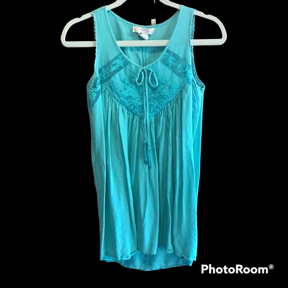 Flying Tomato Sleeveless Hi-Lo Embroidered Aqua Flowy Boho Top